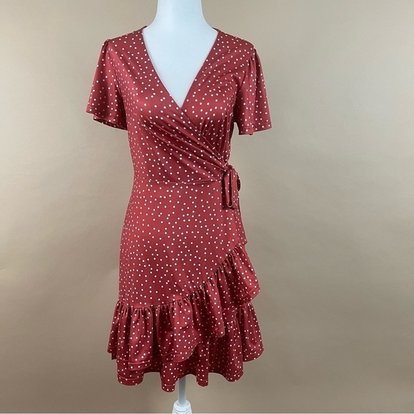 Retro Women's Small Polka Dot Ruffle Tie Wrap Flowy 50's V Neck Swing Dress - Picture 1 of 12
